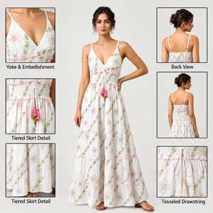Women Boho Embroidered Cotton Maxi <b>Dress</b> – Sleeveless Smocked Waist Tiered Long <b>Dress</b> with Tassel Detail - Product Image 1