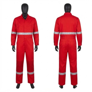 Combinaison de travail en polycoton twill premium 240 GSM rouge avec bandes réfléchissantes, logo personnalisé, pour la sécurité industrielle des travailleurs - Product Image 1
