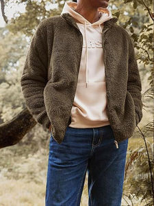 Men's Olive Green Sherpa <b>Fleece</b> Full Zip <b>Jacket</b> Plush Teddy <b>Fleece</b> Stand Collar <b>Warm</b> Winter Casual Outdoor Streetwear <b>Jacket</b> - Product Image 4