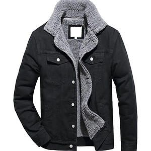 Veste en jean pour homme AIFRAN SPORTS, doublée en sherpa noir, chaude pour l'hiver, décontractée, col rabattu, style trucker - Product Image 1