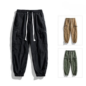 Alta calidad 100% poliéster ligero Casual sólido tobillo-longitud elástico inferior cremallera bolsillos cordón Cargo pantalones para hombres - Product Image 2