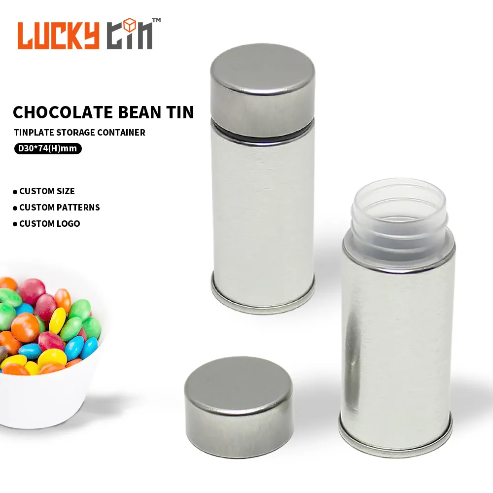 Luckytin fabbrica Custom cibo imballaggio latta tubo cilindro scatola di metallo coperchio di latta di cioccolato perla di latta per bastoncino di cioccolato