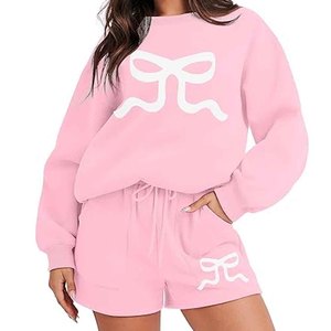 Ensemble 2 pièces pour femmes, sweat-shirt et short à imprimé nœud rose, coupe ample, col rond, manches longues, tenue d'été décontractée - Product Image 1