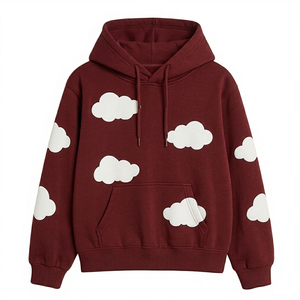 Sudadera con Capucha para Mujer, Color Borgoña, Estampado de Nubes, Manga Larga, Hombros Caídos, Informal, de Felpa, con Bolsillo Tipo Canguro - Product Image 1