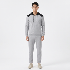 Survêtement gris à capuche pour homme, manches longues, fermeture éclair, décontracté, couleur unie, polyester et coton respirant, idéal pour l'automne - Product Image 3