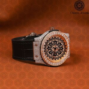 Charm_Jewells Luxury Round Quartz <b>Watch</b> 42mm Yellow Gold Case Leather Band Sapphire Crystal <b>Diamond</b> Bezel Hollow Out Design - Product Image 2