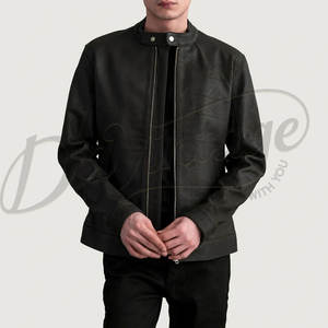 Veste en cuir gris anthracite pour homme, en véritable peau de mouton, coupe ajustée, automne-hiver, style décontracté, moto, café racer, col à boutons-pression - Product Image 1