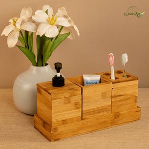 Ensemble d'accessoires de salle de bain en bambou, organisateur en bambou pressé, rangement de luxe pour salles de bain modernes - Product Image 4