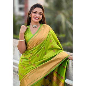 <b>Club</b> <b>Dresses</b> Parrot Green Yeola Paithani Silk Saree Woven with Zari Nath by Artisans Elite Weaves 0.65g - Product Image 1