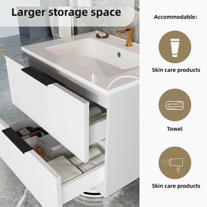 24-Inch Modern <b>Bathroom</b> <b>Vanity</b> Cabinet White Wall Mounted Floating Fluted <b>Vanity</b> with Drawers and Ceramic Sink - Product Image 2