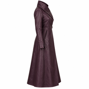 Dark Plum <b>Leather</b> Wrap Duster <b>Coat</b> Cross Collar Buckle Waist Long <b>Trench</b> Outerwear Womens Custom Oem Odm Supplier - Product Image 3