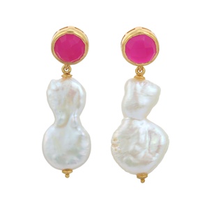 Bonitos pendientes de plata de ley 925 y chapado en oro de 18 quilates, fucsia natural y Perla blanca, diseño de gota a la moda - Product Image 1