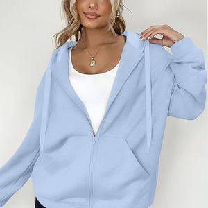 Sudadera con capucha de algodón polar para mujer, informal, con hombros caídos, oversize, con cremallera completa, para invierno, con estampado personalizado frontal y forro de color. - Product Image 5