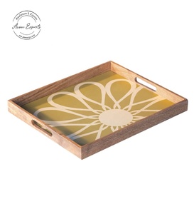 Acme Exports Wooden Serving Tray Rectangle Modern Floral Design Lacquered Finish Tableware Storage Tray - Product Image 1