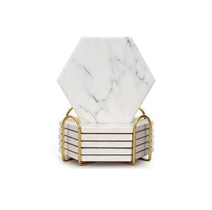 Solid White Marble Coasters for Drinks with Iron Holder Stand Set of 5 for <b>Drinking</b> <b>Glasses</b> Tabletop Protection for Table Type - Product Image 3