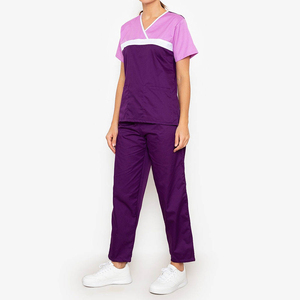 Women Purple <b>Scrub</b> <b>Set</b> With Pink And White Accents V Neck Short Sleeve Hospital Uniforms Pants Needle Detection - Product Image 2