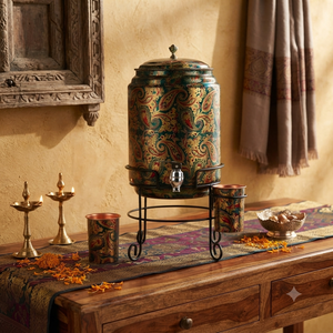 Handmade Copper <b>Water</b> Dispenser Printed Floral Metal Matka with Stand Tap & <b>Glasses</b> Decorative Home Kitchen Hotel Restaurant Set - Product Image 4