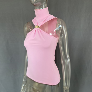 White Turtleneck Sleeveless Tank <b>Top</b> With <b>Metal</b> Ring Bow Detail Elegant Knitted Solid Women's <b>Tops</b> - Product Image 5