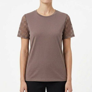 Camiseta de Mujer con Costuras Resistentes, Cuello Redondo, Manga Corta con Encaje, Color Sólido, Transpirable, Informal, para Primavera/Verano - Product Image 1
