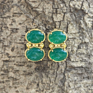 ต่างหูแบบติดหูประดับพลอยสีเขียวออนิกซ์ทรงรีคู่ ดีไซน์เก๋ ชุบทอง 18k พร้อมอัญมณีคาโบชอง - Product Image 5