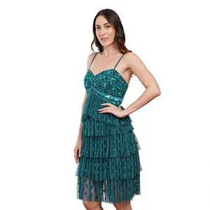 Vestido de cóctel de lujo verde azulado con lentejuelas y cuentas, tirantes finos, volantes escalonados y tul, minivestido para mujer - Product Image 3