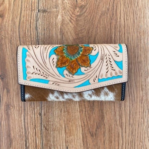High Quality Carving Hand Tooled Wallet Clutch Phone Case Stylish Multi Uses Western Leather Turquoise Color Wallet for <b>Women</b> - Product Image 3