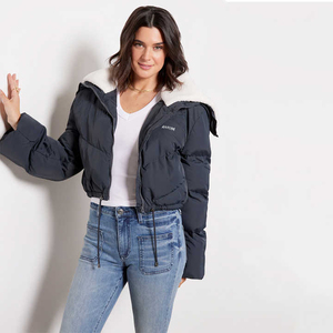 Womens Cropped Puffer Jacket Sherpa Collar Winter Warm Quilted Down Coat Ladies Black Faux Fur Hooded Jacket Wholesale OEM - Product Image 3