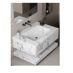 Lavabo de salle de bain rectangulaire en marbre à poser sur comptoir, avec meuble en bois, design moderne, finition plaquée or, égouttoir 12L - Product Image 2