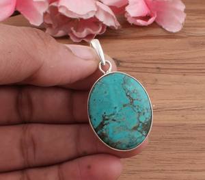 Colgante de Turquesa Tibetana Natural al por Mayor, Plata de Ley 925, Chapado en Platino, Hecho a Mano, Gema Azul Verde del Himalaya, Unisex - Product Image 1