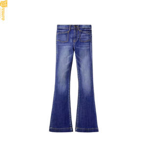 Jean en denim bleu coupe bootcut avec fermeture éclair pour femme, longueur intégrale, broderie vintage, ceinture à pampilles, collection automne-printemps - Product Image 6