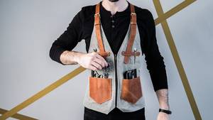 Leather Sleeveless <b>Bib</b> Apron with Multiple Pockets Reusable for Workwear Use Gray and Brown Color - Product Image 1