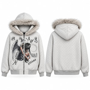 Sweat-shirt à capuche zippé pour femme avec imprimé personnalisé, capuche en fausse fourrure, veste d'hiver décontractée, tricot en polyester, manches longues - Product Image 1