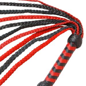 Professional <b>Leather</b> <b>Flogger</b> Red Black Braided Whips with Knotted Handle - Product Image 3