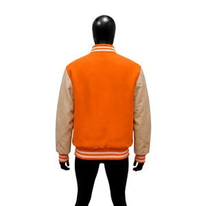 Chaqueta Varsity de Lana Naranja con Mangas de Cuero Beige, Chaqueta Bomber de Béisbol Personalizada con Letras, para Hombre y Mujer, Venta al Por Mayor, Clásica - Product Image 2