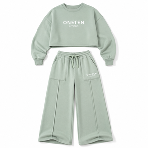Light Green <b>Cropped</b> Sweatshirt & Wide Leg <b>Jogger</b> Pants Set Crew Neck Sleeveless Casual Tracksuit Drawstring Pockets 2 1 Fleece - Product Image 1