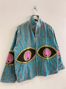 Suzani Knitted <b>Velvet</b> Embroidered Lightweight Breathable <b>Jacket</b> Mandarin Collar Full Sleeve Eye Pattern Boho Unisex Autumn Wear - Product Image 4