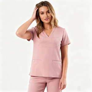 Women V Neck Scrub Tops Short Sleeve With Pockets Pink Cotton Polyester Hospital Uniforms - Product Image 1