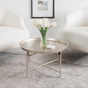 Modern Round Metal <b>Coffee</b> <b>Table</b> with Textured Tray Top Minimalist Accent Side <b>Table</b> for Living Room Bedroom and Lounge - Product Image 3