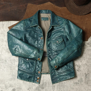 Blouson de moto en cuir véritable vert pour homme, col montant, fermeture éclair, coupe classique, idéal pour l'hiver, logo frontal apparent - Product Image 5