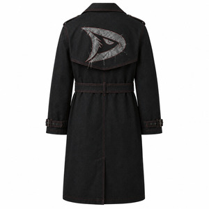 Gabardina Gótica de Mezclilla Negra Cruda para Hombre, Abrigo Largo con Cinturón y Costuras Rojas en Contraste, Estilo Grunge Urbano de Algodón Pesado - Product Image 3
