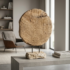 Lumintu Round Stand Handcrafted <b>Wooden</b> Disc Sculpture <b>Rustic</b> Organic Tabletop Decorative Artwork Stand Home Decor Accent Display - Product Image 5