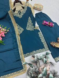 Ensemble Salwar en Rayonne Brodé Bleu Turquoise avec Dupatta – Tenue Traditionnelle Indienne et Pakistanaise pour Femme, Coupe Ample, Longueur Cheville, Décontractée - Product Image 3