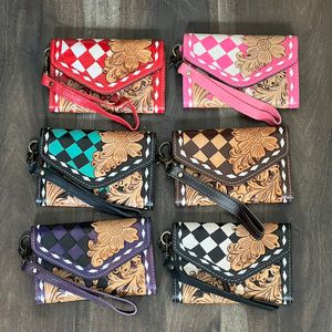 2026 Fashion Cowgirl Handcrafted Tooled Checkered Leather <b>Wristlet</b> Wallets Genuine Leather Floral Clutch Purse RFID Card Holder - Product Image 5