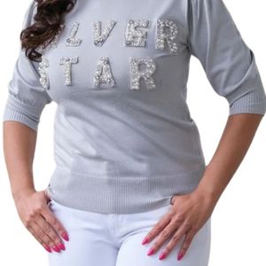 AKA เสื้อสเวตเตอร์แขนสั้นซิลเวอร์สตาร์สำหรับผู้หญิง เสื้อถักปักตัวอักษร พรีเมี่ยม ลำลอง มีสไตล์ - Product Image 6