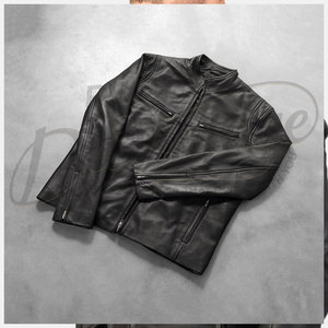 Chaqueta de Cuero Negra para Hombre, Estilo Motero, Corte Ajustado, Piel de Oveja Auténtica, Otoño Invierno, Casual, con Cuello Mao - Product Image 2