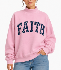 เสื้อสเวตเตอร์คอเต่าสีชมพูสำหรับผู้หญิง ลายปักตัวอักษร Faith ดีไซน์เก๋ ผลิตจากผ้าฝ้ายถัก 100% เหมาะสำหรับใส่ในฤดูใบไม้ร่วง - Product Image 4