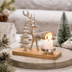 Handmade Silver Metal Reindeer And Tree Candle Holder With Natural Mango Wood Base Premium Christmas Tealight <b>Stand</b> For Home - Product Image 6
