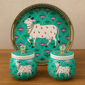 Plateau en métal Pichwai avec ensemble de 2 pots - Design traditionnel d'origine indienne pour les cadeaux de Diwali - Product Image 1