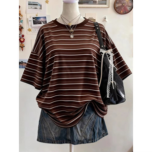Nouveau design, t-shirt décontracté à rayures imprimées numériquement, coupe oversize mi-longue, col rond, épaules tombantes, pour femme, vêtement de sport, t-shirt oversize - Product Image 4