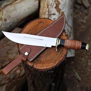 Couteau de chasse Bowie de haute qualité en acier inoxydable Stigma, manche en bois, étui en cuir, lame à pointe fixe, couteau d'extérieur - Product Image 4
